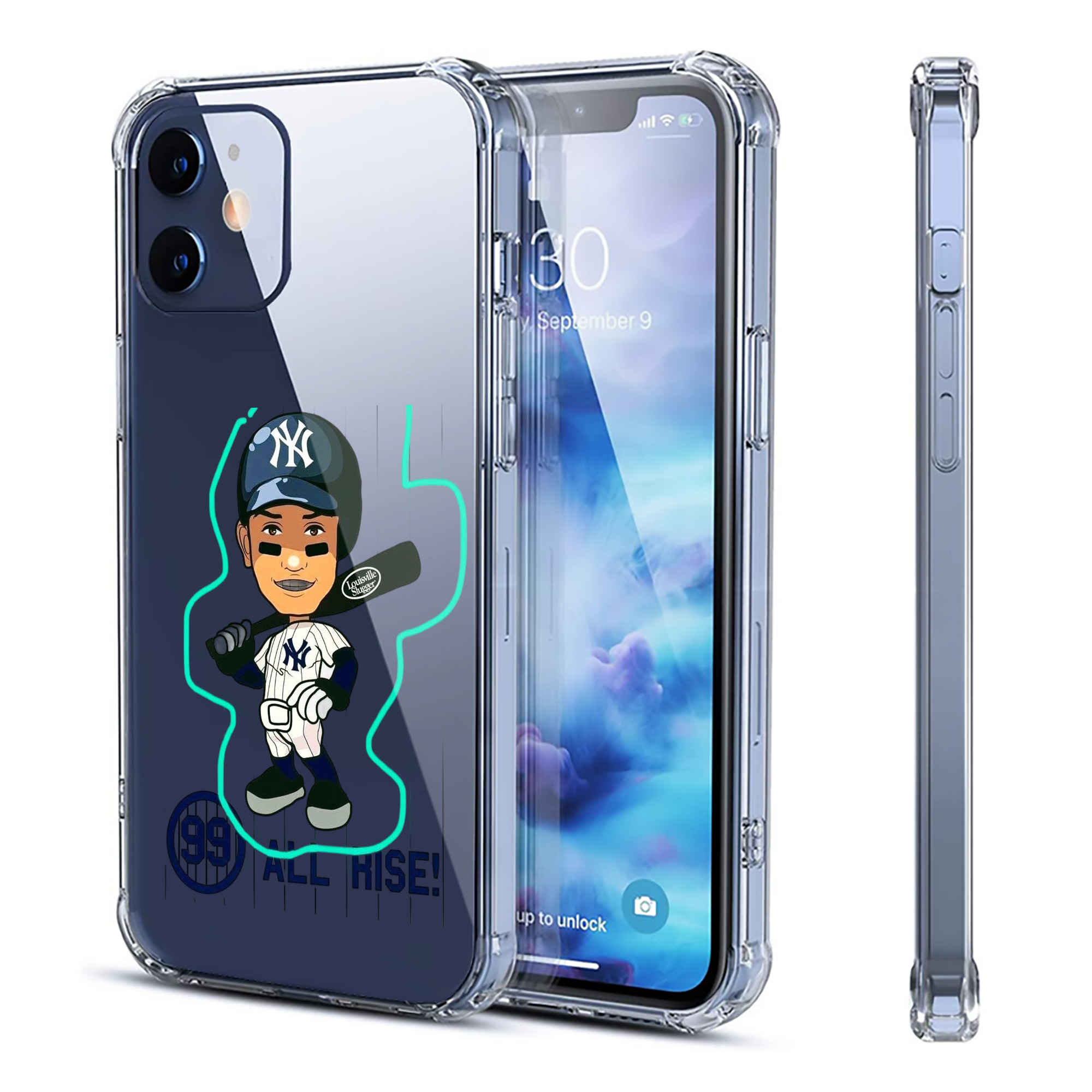Aaron Judge 99 All Rise Cartoon Clear IPhone 12 Case – Soft TPU With UV Print – Enhanced Drop Protection, Precise Fit, Anti-Fingerprint, Customizable Design, Scratch-Resistant, Yellow-Resistant